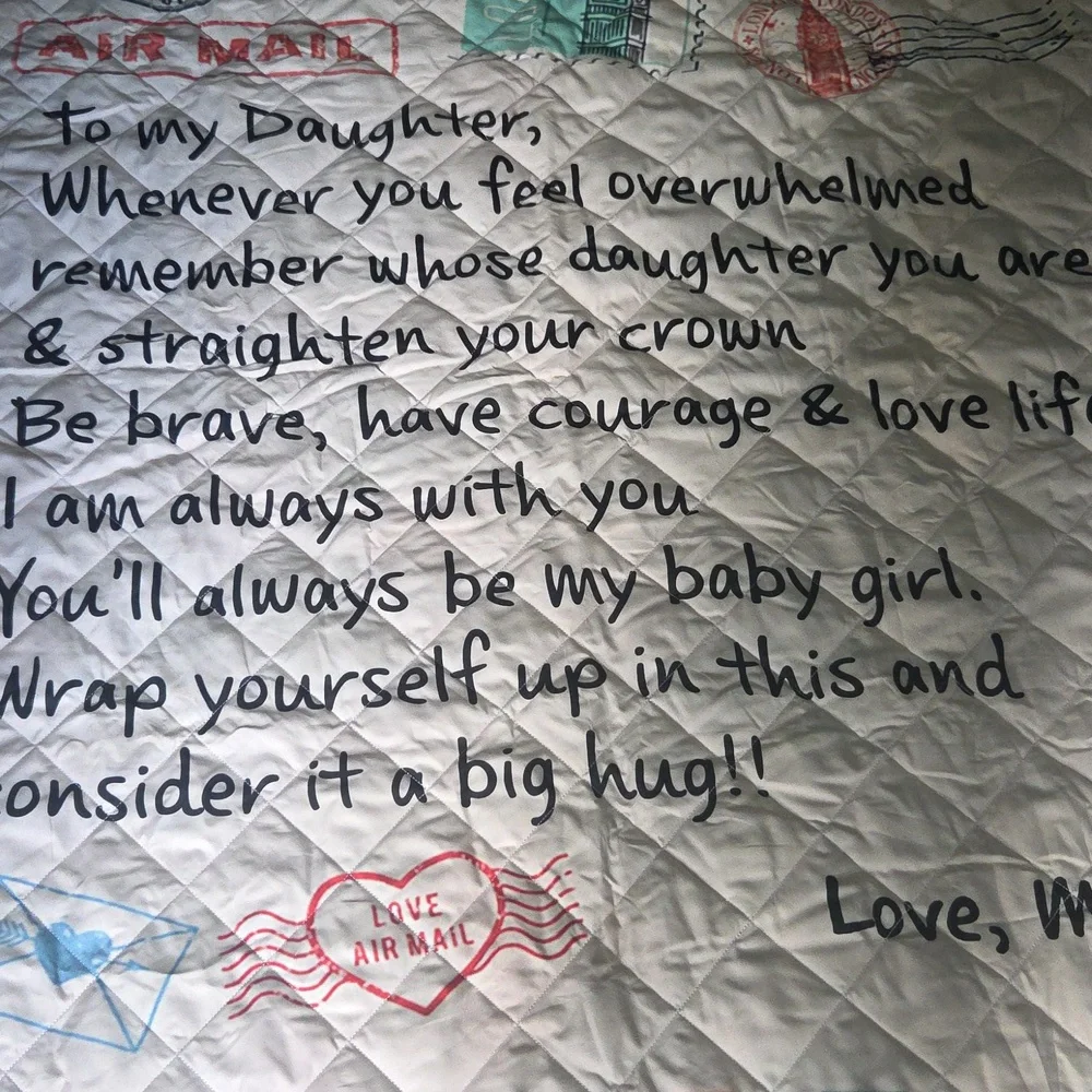 Love Mom Quilted Blanket - Red and Blue 60 In X 56 In